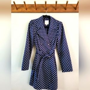 Modcloth Preppy Belted Trench Coat | Navy Blue and White Polkadotted